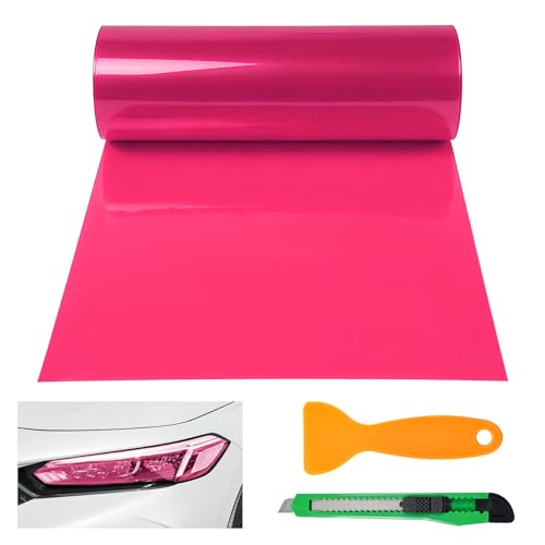 Car Light Tint Film, 12" × 48" Waterproof Headlight Vinyl Wrap Film Includes Squeegee & Cutter, Self-Adhesive Air-Release Wrap for Fog Lights, Taillights, and Headlights (Pink) - color: Pink