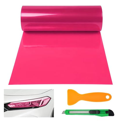 Car Light Tint Film, 12" × 48" Waterproof Headlight Vinyl Wrap Film Includes Squeegee & Cutter, Self-Adhesive Air-Release Wrap for Fog Lights, Taillights, and Headlights (Pink) - color: Pink