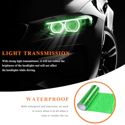 Sun Walker Car Light Tint Film, 12 x 48 Inch Waterproof Taillight Wrap Film Roll with Squeegee & Cutter, Self-Adhesive Vinyl Sticker Sheet Roll for Headlights Fog Lights Tail Lights (Green) - color: Green