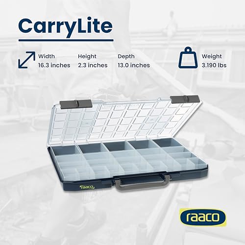 Raaco CarryLite 55 Small Parts Organizer, 25 Inserts | 2.3 Inch Height, Anti-Mix U-Profile Lid for Screws, Bolts & Nuts, Secure Sliding Lock, 25 Inserts, For workshop and garage - size: Slim-25 Inserts., style: Single Pack