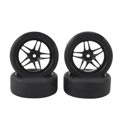 4pcs RC Tires Wheels Rims Set, 1/10 Scale Rubber Tires with 12mm Hex Hub, 26mm Wide Smooth Drift Tires for RC Racing and Drifting Cars Compatible with TT01 HSP (Black) - color: Black