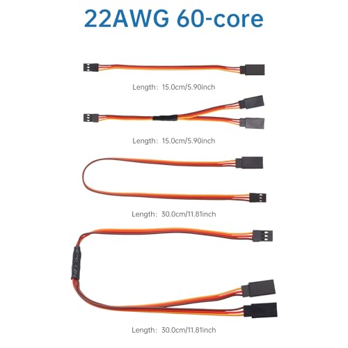 12Pcs 60-Core Servo Extension Cable and Y Harness Splitter Kit | Fit for RC Cars Trucks Airplanes Servo Receiver Connection.Include 15 cm and 30 cm JR Y harnesses,15 cm and 30 cm servo cable
