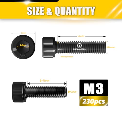 M3x16mm Screws 230pcs Hex Socket Cap 12.9 Steel Black Zinc Fully Thread | Allen socket drive head cap screws bolts fully thread small metric screws - size: M3*16mm 230pcs