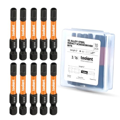 toolant 3/16" Impact Hex Bit Set, 10-Piece | CNC-machined tips, S2 alloy steel body, hardened core, magnetic fastener retention, impact-driver use - size: 3/16"(10pcs)