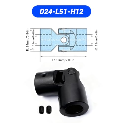 12mm to 12mm Universal Joint Coupling, D24 L51 Carbon Steel Rotatable Steering Shaft U Joint Coupler Motor Connector for DIY Model RC Car Robot - size: D24-L51-H12, style: No Keyway