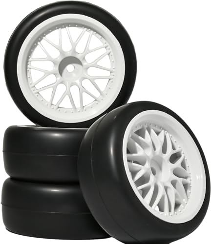 OD 2.55" On Road Rubber Tires Nylon Wheels- 12mm Hex for 1/10 RC Racing Car | Compatible with MJX HSP Tamiya HPI Kyosho Traxxas Sakura Redcat WLtoys 1/10 RC On-Road Racing Touring Car (4pcs, White) - style: A-White