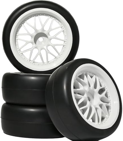 OD 2.55" On Road Rubber Tires Nylon Wheels- 12mm Hex for 1/10 RC Racing Car | Compatible with MJX HSP Tamiya HPI Kyosho Traxxas Sakura Redcat WLtoys 1/10 RC On-Road Racing Touring Car (4pcs, White) - style: A-White