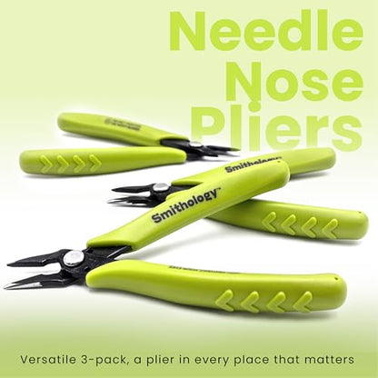 Smithology Mini Needle Nose Pliers 3-Pack, 5.3" Long Nose, Serrated Jaws | Hidden Spring, Non-Slip Grip, Precision Tips — Electronics Repair, Jewelry, 3D Printing, Model Building, Beading, DIY Crafts