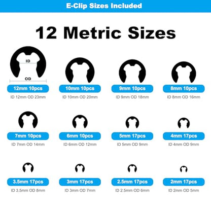 324Pcs C Clips & E Clips Assortment Kit, External Retaining Snap Rings | 24 sizes black carbon steel, C Clip 5mm–16mm, E Clip 2mm–12mm, for shafts, bearings, machinery & automotive repair