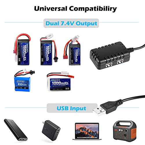 Charger Cable 2S 7.4V 1 to 2 USB Charger Replacement for SCX24 RC Car 1A with XH-3P Connector Compatible with Axial SCX10 7.4V 2S Lipo Battery RC Car Truck Drone Boat Quadcopter and Airsoft