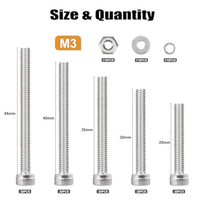 VGBUY 440pcs M3 Screw Assortment Kit, M3 Screws Bolts for 3D Printer DIY, Hex Socket Head Cap Screws Bolts Nuts Washer Kit, 304 Stainless Steel, 25/30/35/40/45mm - size: M3x25/30/35/40/45mm, style: Socket Head