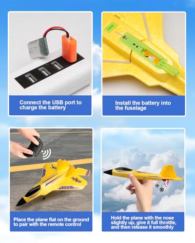 ANTSIR F22 RC Plane Easy to Fly Foam Jet Toy Gift for Kids Beginner, Yellow | 2.4GHz, 2CH, Gyro Stabilizer, LED Light, 2 Rechargeable Batteries, Boys 1th RC Glider - color: Yellow F22-2 Batteries Kf