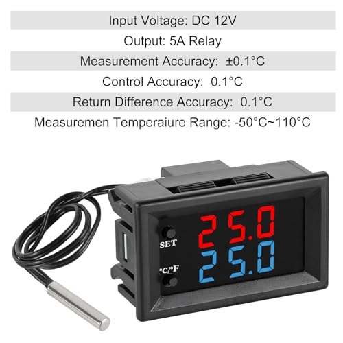 1PCS Digital Thermostat Controller -58F to 230F Programmable Heating Cooling Switch 12V DC with Waterproof NTC Sensor Dual Color LED Display for HVAC Aquarium