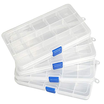 Qualsen 15 Girds Bead Organizer with Adjustable Dividers(4 Pack), Tackle Box Organizer and Small Plastic Organizer Box for Jewelry, Beads, Earrings, Crafts, Screws and Fishing Tackles Small Items - size: 15 Gird-4pcs