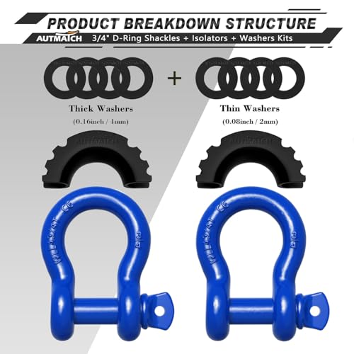 AUTMATCH 3/4" D Ring Shackles (2-Pack) - 41,887 lbs Break Strength | Heavy Duty Clevis Shackle with 7/8" Pin & Isolator Washer Kit for Tow Strap, Winch, Towing & Off-Road Vehicle Recovery, Blue - color: Blue