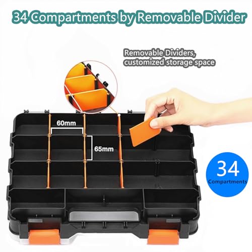 Small Parts Organizer with Removable Dividers, 34 Compartments Double-Sided Storage Box for Hardware, Screws, Nuts & Bolts, Nails, Craft Beads, Jewelry Making - Clear Stackable DIY Tool Organizer Case
