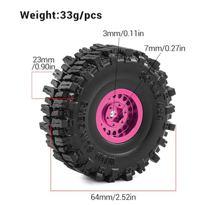 1.0" Aluminium Beadlock Wheels and Tires 64x23mm for 1/24 Axial SCX24, 1/18 TRX4M RC Crawler – Upgrade Parts (Pink, 4pcs) - color: Pink