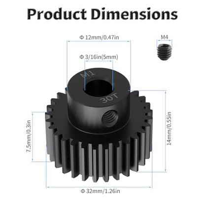 Pinion Motor Gear, M1 30T, 3/16 in (5mm) Shaft Hole | M1 Pitch 30 Teeth, 1045 Hardened Carbon Steel, 3/16 Inch Shaft Hole, RC Motor Pinion Upgrade, for 1/10 RC Brushless Crawler - size: M1 30T