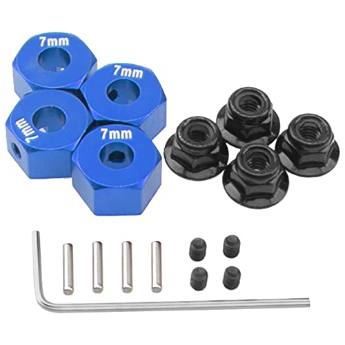 Metal 12mm Hex Wheel Hubs 7mm Thick Drive Adapters with Flanged Lock Nuts Compatible with Traxxas 1/10 4WD Rustler Slash Stampede RC Car，Replace Part 1654 (Blue) - color: Blue