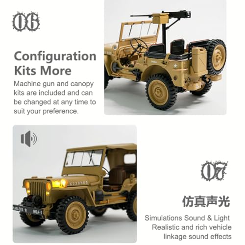 HG4-58 U.S. Willys RC Simulation Off-Road Car, 1/14 Scale 2.4G 4WD Vehicle with Dual-Speed Switching, Sound and Lights and Charging Protection, (RTR) - color: Desert Yellow