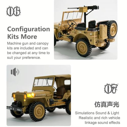 RC Off-Road Truck, HG4-58 U.S. Willys 1/14 Scale 4WD, 2.4GHz Dual-Speed, Sound & Lights, Charging Protection, RTR Gift for Model Car Lovers - color: Army Green