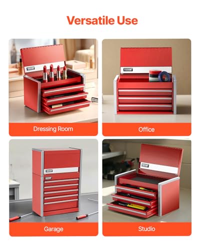 VEVOR Metal Tool Box, 8.6-inch, Portable Metal Tool Box with 3 Drawers, Small Tool Chest with EVA Liners and PP Feet Pads, Heavy-Duty Steel With Ball Bearing Opening and Powder Coated Finish, Red - size: 3 Drawers-Red