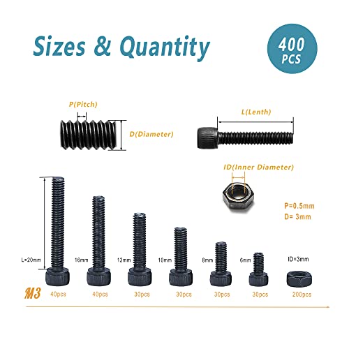 Kadrick M3 Screw Assortment Kit 400PCS, Hex Socket Cap Screws with Nuts & Allen Wrench, 12.9 Grade Alloy Steel, Black Zinc Plated, Ideal for 3D Printing, DIY, RC & Electronics - size: M3 400Pcs