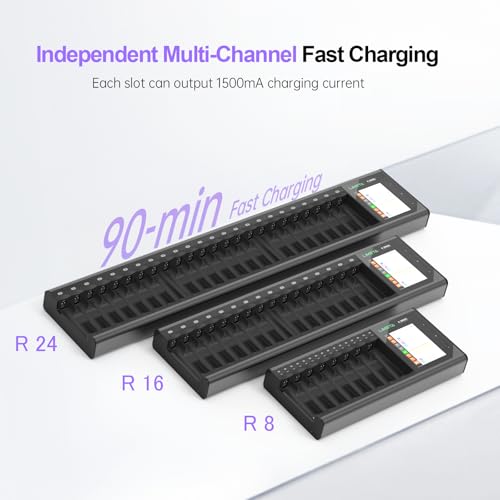 R Series AA AAA Battery Charger, Smart Rechargeable Charging Station with LCD, 8/16/24-Slot Independent Charging, Discharge/Activation/Cycle, Adjustable Current for 1.2V NiMH NiCd (8-Bay) - size: 8-bay