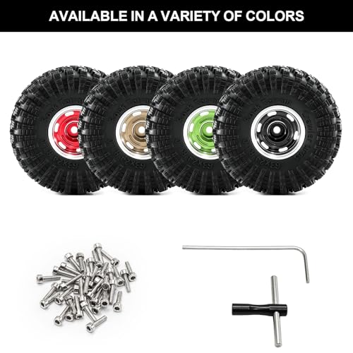 1.0" Beadlock Aluminum Wheels and 64mm Soft Rubber Tires | for SCX24, TRX4M, Ascent 18, FCX24, 1/18 1/24 RC Crawler, 7mm Hex, 0mm Offset, with Foam Inserts, (Black 356) - color: Black 356
