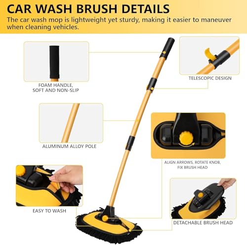 43'' Car Wash Brush with Long Handle Chenille Microfiber Car Wash Kit Mitt Retractable Bent Pole Car Wash Mop for Cars RV Truck Boat (yellow-01) - color: Yellow-01