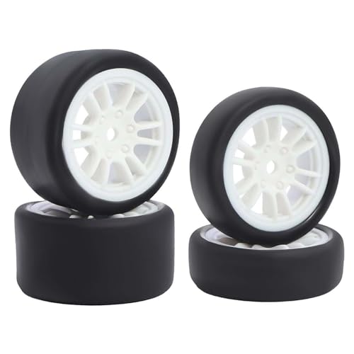 4PCS Pre-Glued On-Road Drift Racing Smooth Rubber Tires and Wheel Rims Set 7MM Hexagon for 1/24 Losi Micro-B RC Car Upgrades Parts (12Spoke-White) - color: 12spoke-white