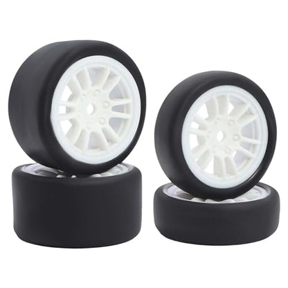 4PCS Pre-Glued On-Road Drift Racing Smooth Rubber Tires and Wheel Rims Set 7MM Hexagon for 1/24 Losi Micro-B RC Car Upgrades Parts (12Spoke-White) - color: 12spoke-white