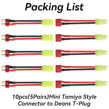 Mini Tamiya Connector to Deans - T Plug 10pcs 16AWG Male Reversed Female Cable Wire Adapter for Airsoft RC Car Truck ESC Lipo Nimh Battery Connectors Charging Connection 5 Pairs