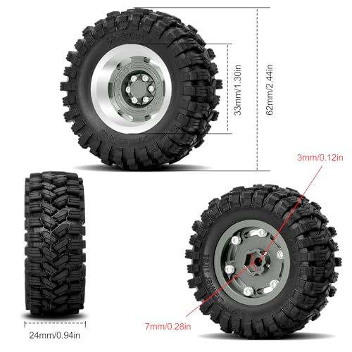 OGRC 1.3 Beadlock Wheel Tires -4mm Offset Wheels for 1/24 1/18 SCX24 TRX4M | Aluminum, 7mm Hex, Sticky Compound Rubber, for TRX4M AX24 FCX24 RC Carwler Car, Grey - color: Titanium Grey