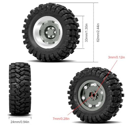 OGRC 1.3 Beadlock Wheel Tires -4mm Offset Wheels for 1/24 1/18 SCX24 TRX4M | Aluminum, 7mm Hex, Sticky Compound Rubber, for TRX4M AX24 FCX24 RC Carwler Car, Grey - color: Titanium Grey