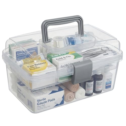 MyGift 10.2 Inch Transparent Plastic Empty Arts and Crafts Tackle Box | Gray Handle and Removable Tray for Tools, First Aid, Sewing Kit Clear Storage Container Craft Supplies Organizer Bead Jewelry
