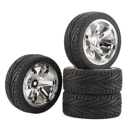 4PCS 1:10 RC Tires and Plastic Wheels Rims for 1/10 Scale On Road Touring Racing Drift Car HSP HPI Tamiya (Silver) - color: Silver