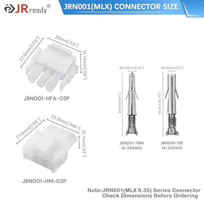 JRready ST6425 MLX 3 Pin Power Connector，2.13mm Diameter Pin and Sockets 14-20 AWG，Compatible with Molex MLX 3 Pin Male& Female Connector (6 Matched Sets),6.35mm Pitch - size: MLX 3Pin Connector