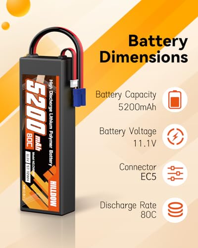 Hilldow 5200mAh 11.1V RC Battery 80C 3S Lipo Battery with EC5 Hard Case for RC Vehicles Car Buggy Truggy Airplane Drone(2packs)