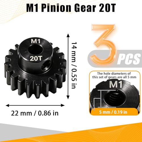 M1 Gear 20T 5mm Bore 3-Pack – High-Precision Hardened Steel Motor Pinion Gear for 1/8 1/10 RC Crawler, Monster Truck, Short Course Truck & Boat (Compatible with Traxxas Axial, FMS, HSP Redcat Losi) - style: M1 3Pcs 20T