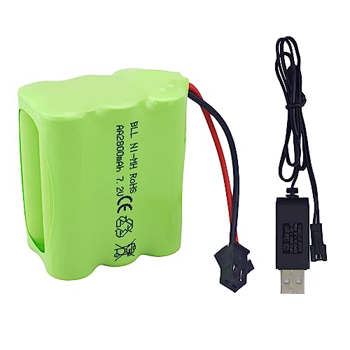 AA 7.2V 2800mAh Ni-MH High Capacity Battery with SM-2P Plug and USB Charging Cable for Toy Tank Engineering, Flat Semi-Trailer Trucks, RC Cars Spare Batteries Pack