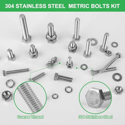 260Pcs M6 M8 M10 Hex Bolts and Nuts Assortment Kit,304 Stainless Steel Machine Screw Sets with Case,Metric Fastener Set Machine Screw Nuts Washers