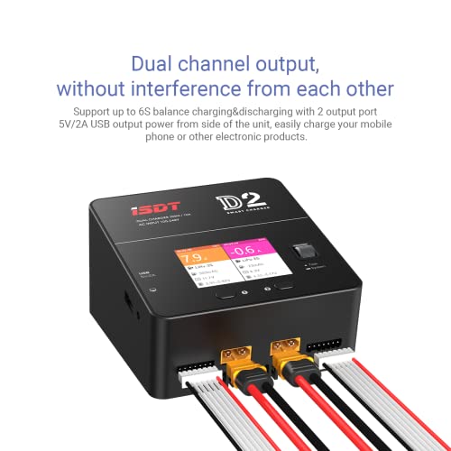ISDT lipo Battery Charger D2 MK2 with AC 2x200W Dual Output Mode,Hobby Smart Lipo Charger Discharger for 1-6S Li-ion Life NiCd NiMH LiHV PB Smart Battery