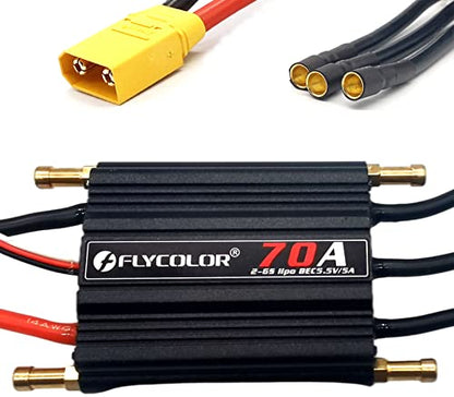 FLYCOLOR 70A Waterproof Brushless ESC Electronic Speed Controller with 5.5V/5A BEC and XT60 3.5mm Banana Head Connector for Model Ship RC Boat