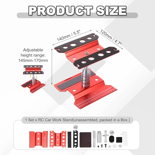 MECCANIXITY 1 Set RC Car Work Stand Lift Lower Aluminum Repair Workstation 360 Degree Rotation for 1/8 1/10 1/16 Scale RC Car Crawler Truck Vehicle (Red)