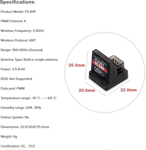 Flysky FS-R4P 4CH Receiver 2.4GHz ANT for RC Car/Boat | ANT Protocol, 2.4GHz Signal 4 PWM Outputs, Single Antenna, Compatible with FS‑G7P, FS‑ST8, FS‑MG41 & FS‑MG4