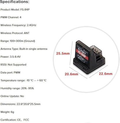 Flysky FS-R4P 4CH Receiver 2.4GHz ANT for RC Car/Boat | ANT Protocol, 2.4GHz Signal 4 PWM Outputs, Single Antenna, Compatible with FS‑G7P, FS‑ST8, FS‑MG41 & FS‑MG4
