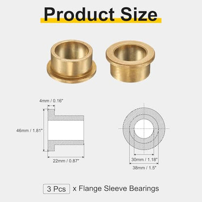 uxcell 3Pcs Flange Sleeve Bearings, 30mm Bore x 38mm OD x 22mm Length, Self-Lubricating Sintered Bronze Bushings - size: 30mm Bore x 38mm OD x 22mm Length