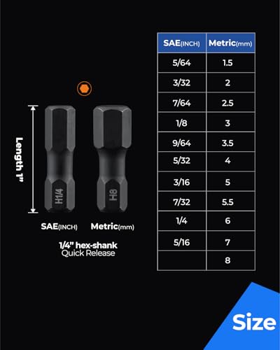 toolant Impact Hex Bit Set, Metric & SAE, 26-Piece | Metric and SAE hex sizes, S2 steel construction, hardened body, precision-tempered finish, magnetic holder - size: Metric&SAE(26pcs)