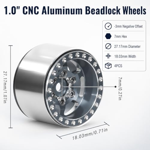 1.0 Aluminum Beadlock Wheels, 3mm Offset, for SCX24 TRX4M, 4PCS | 7mm hex, CNC aluminum rims, -3mm offset for SCX24, FCX24 and AX24; TRX4M requires extended wheel hexes. - color: Titanium